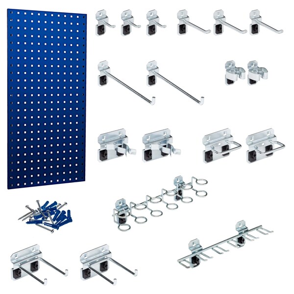 Triton Products 18 pc LocHook Assortment W/ (1) 18" W x 36" H Blue Epoxy 18-Gauge Steel Square Hole Pegboard LB18-1BH-KIT - main